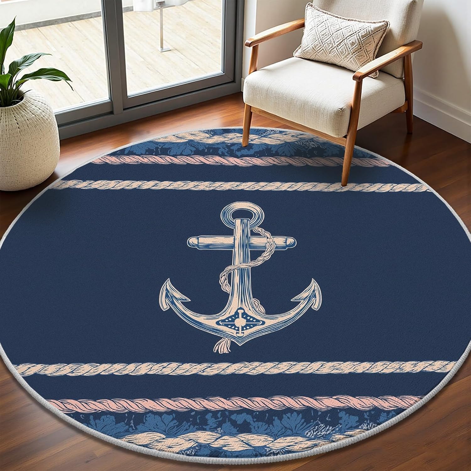 Home Bathroom Door Design - Round Nautical Area Rug Navy Blue
