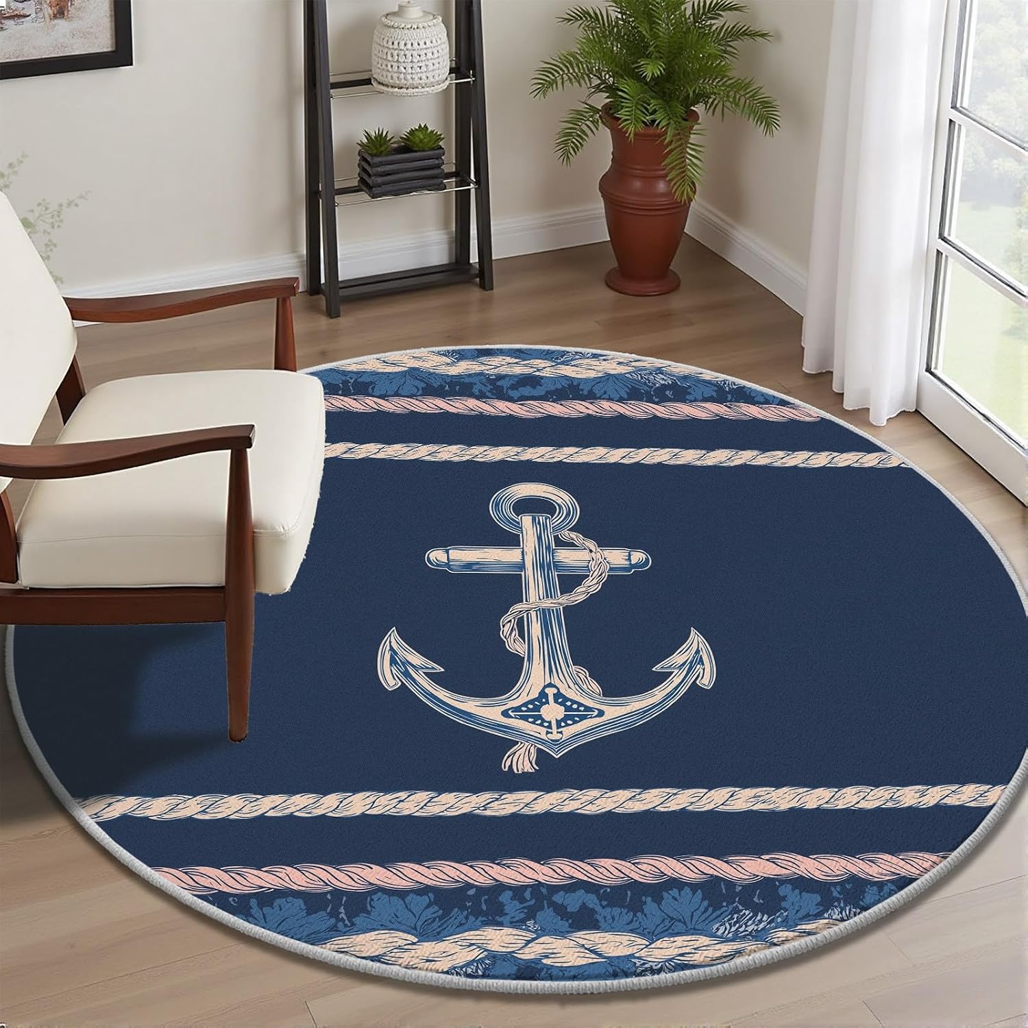 Round Nautical Area Rug Navy B - Home Bathroom Door Design recension och pris