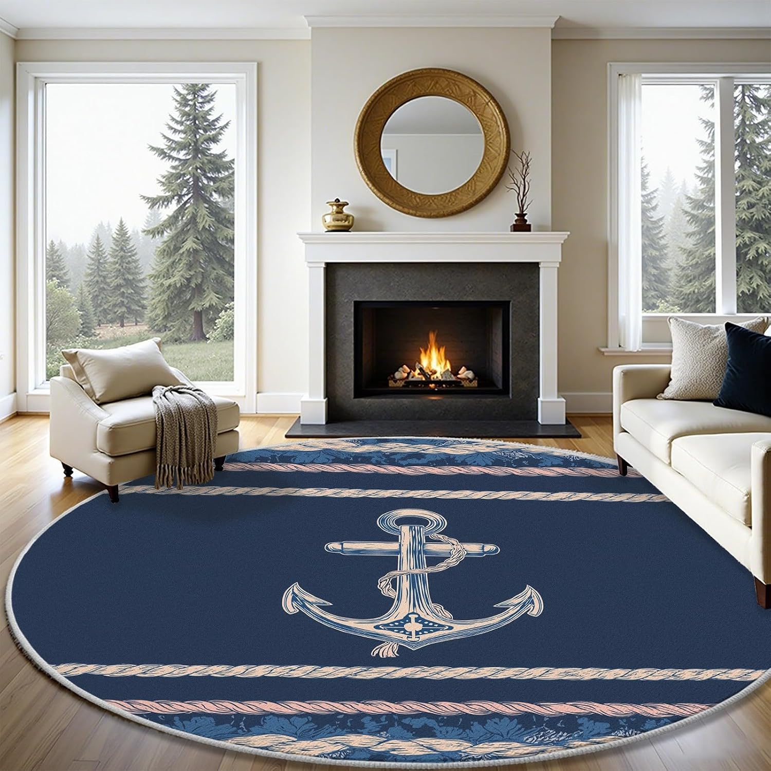 Round Nautical Area Rug Navy B - Home Bathroom Door Design recension och pris