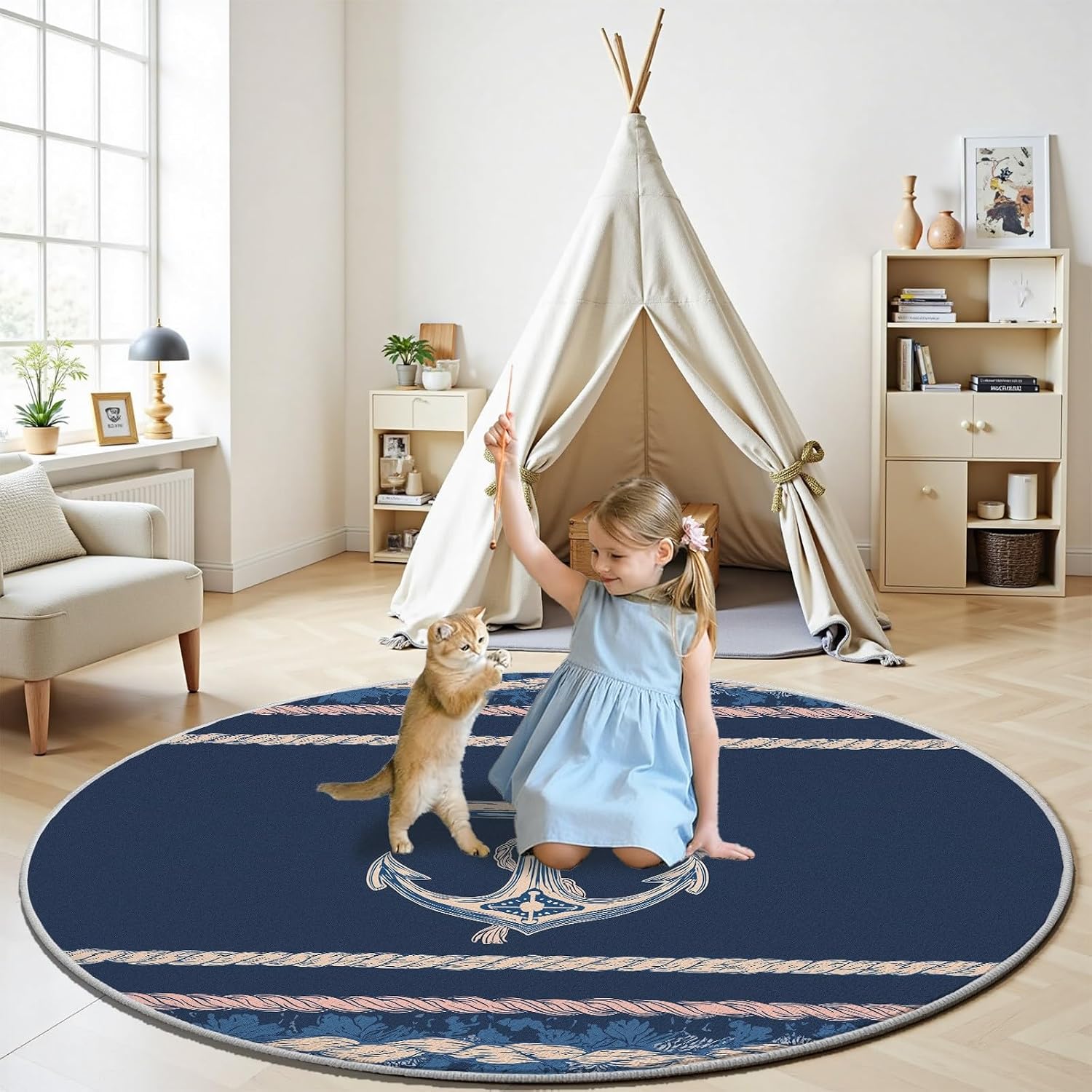 Round Nautical Area Rug Navy B - Home Bathroom Door Design recension och pris